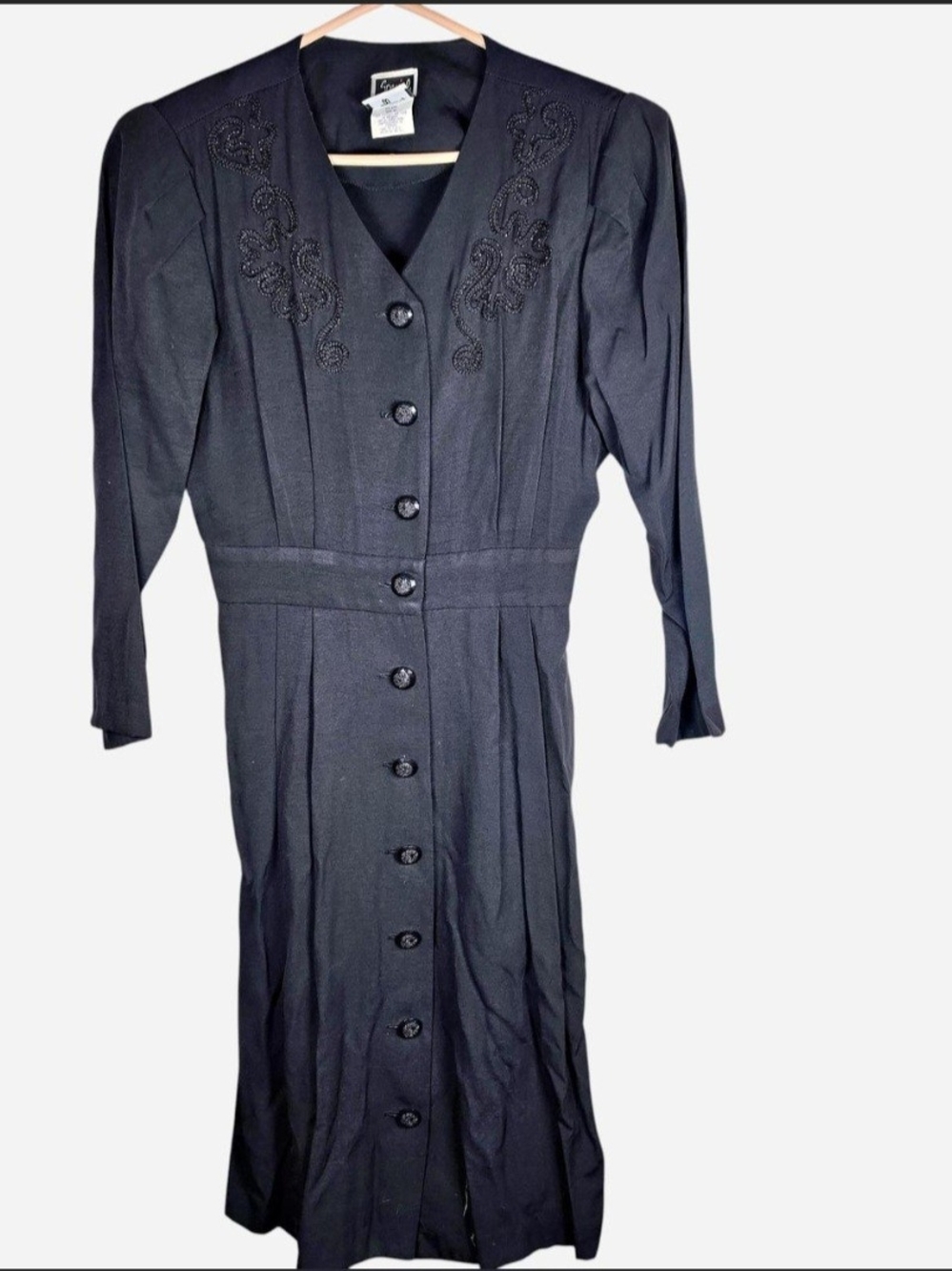 Vintage 90s Goth Black Rayon Midi Dress Embroidered Button Front Whimsigoth 8